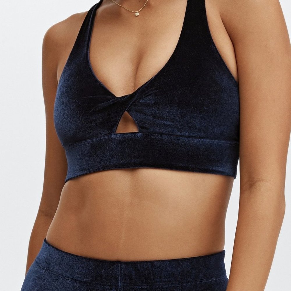 Fabletics Oasis Twist Velour Sports Bra NWT - size L - Dark Navy